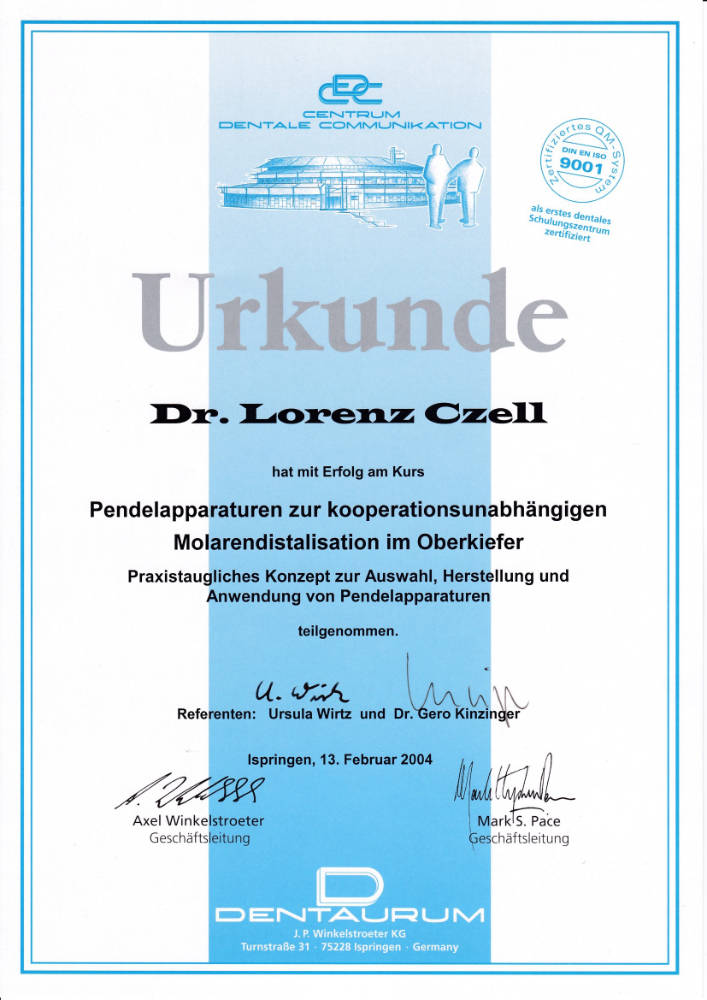 2004 02 13 Pendelapparaturen zur kooperationsunabhaengigen Molarendistalisation im Oberkiefer Kinzinger