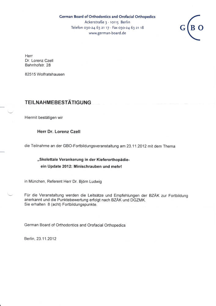 2012 11 23 Skelettale Verankerung in der Kieferorthopaedie German Board of Orthodontics GBO LC