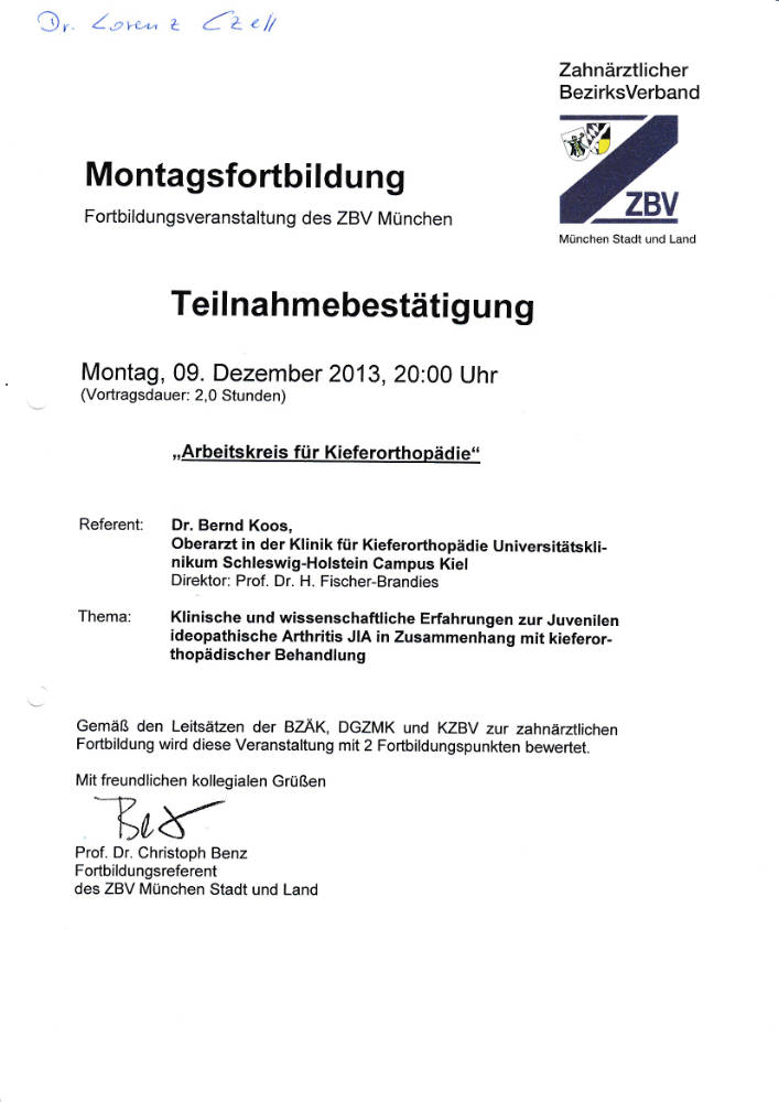 2013 12 09 Juvenile Arthritis in Zusammenhang mit kieferorthopaedischer Behandlung Koos