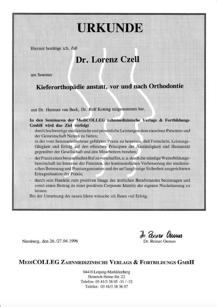 1996 04 26 27 Kieferorthopäaedie anstatt H v Beek